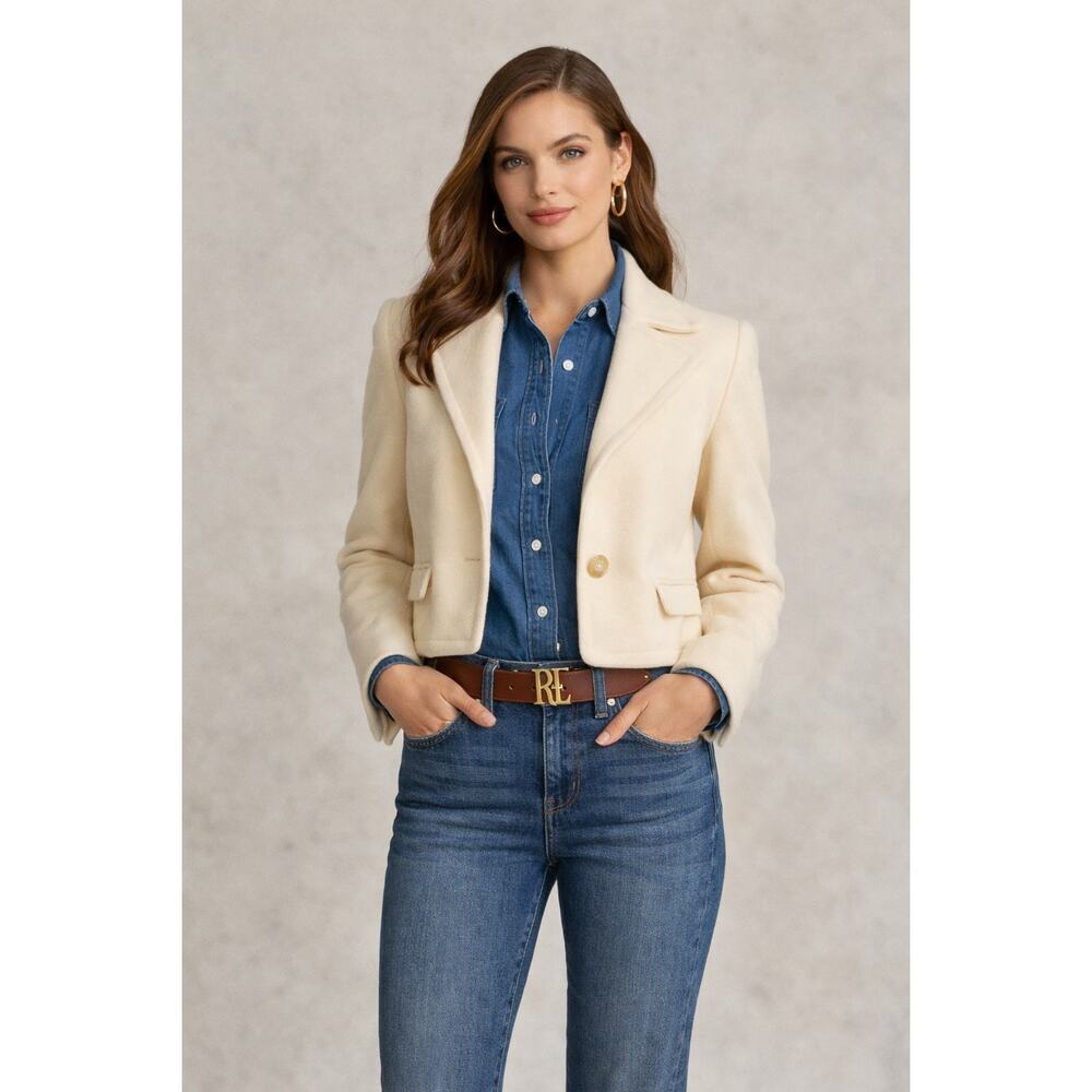 Ralph Lauren Womens Vintage Cream Wool Cropped Blazer Jacket Size L Classic